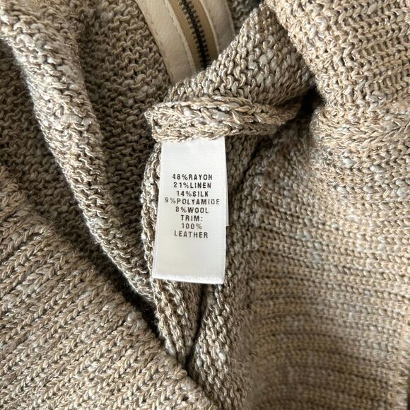 St. John Knit Zip Up Cardigan Tan Linen Silk Wool Blend Leather Pockets Size Med - Picture 7 of 7